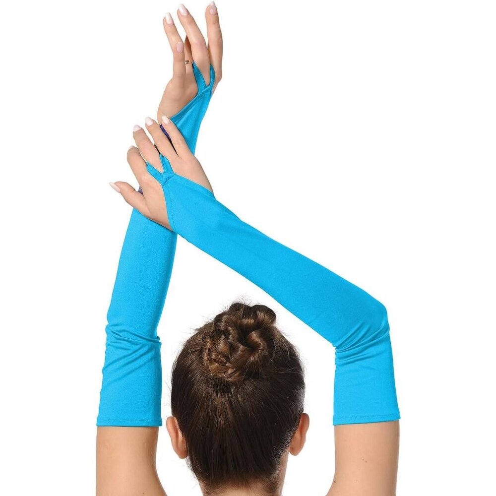 Women's Ocean Blue Finger Loop Fingerless Elbow Length Satin Gloves Cosplay